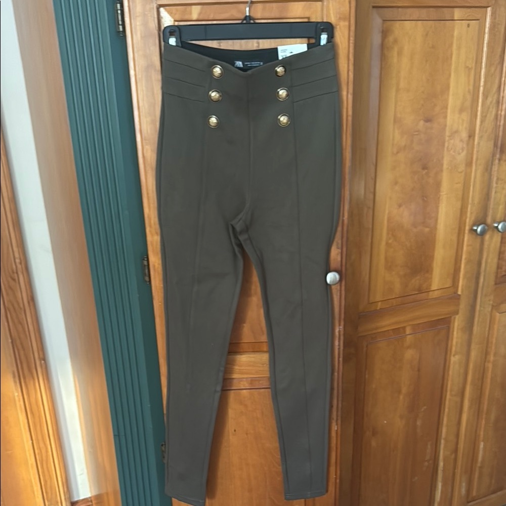 Zara Olive High-Waisted Pants with Gold Buttons